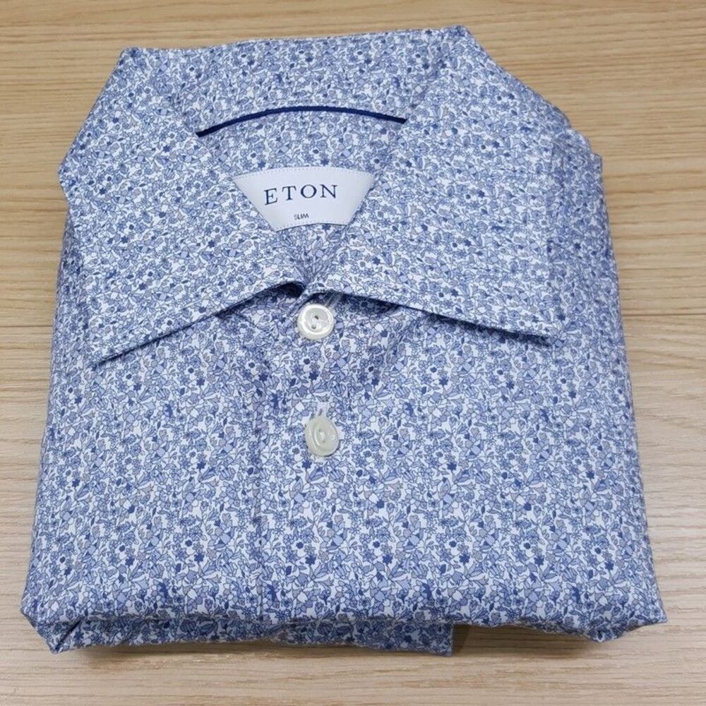 ETON Mens Shirt 15 38 White Blue Floral Button Up Slim Fit $290